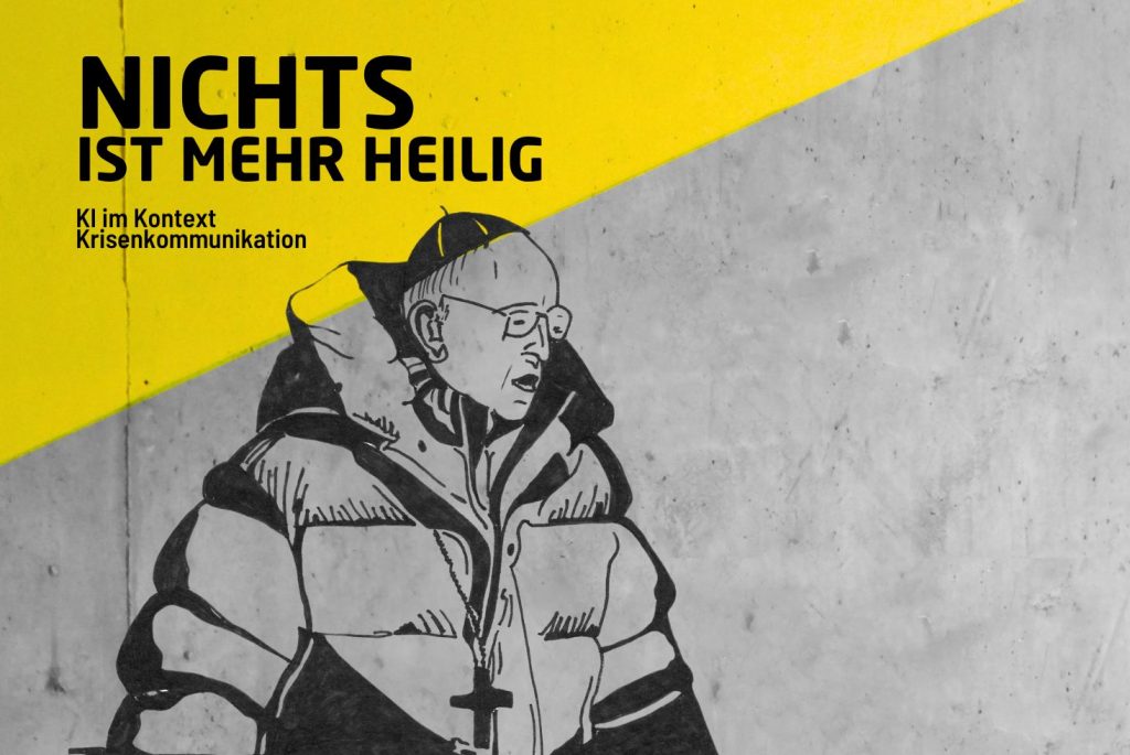 Der Papst in Daunenjacke vor grauem Hintergrund mit gelbem Akzenten und Schrift